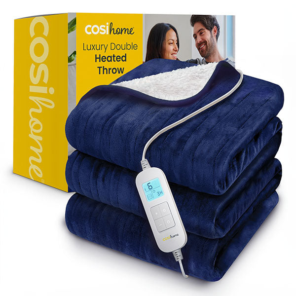 Cosi Home navy reversible fleece sherpa heated throw, imported from the UK