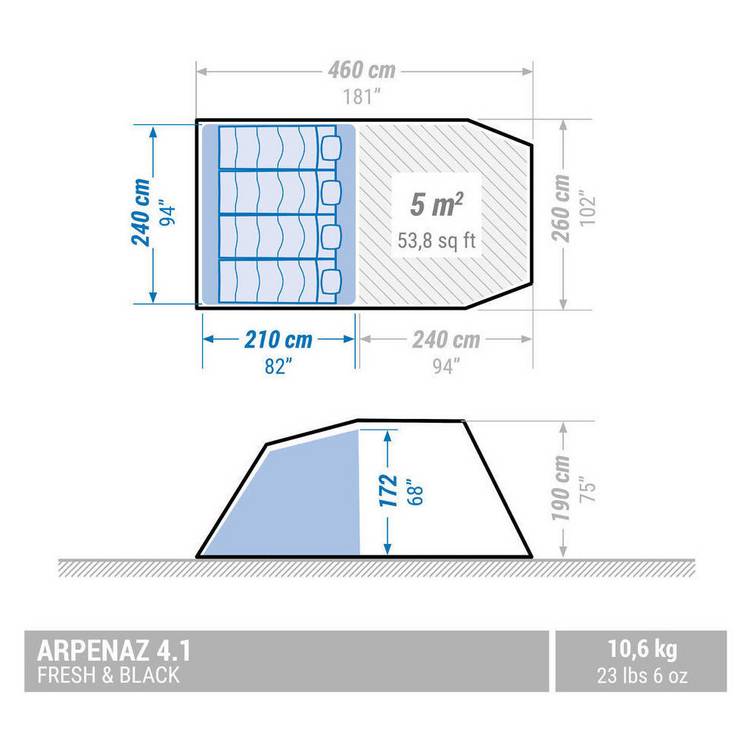 Decathlon Arpenaz Fresh & Black camping tent 4 person, imported from the UK