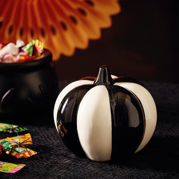 Argos Home black and white stripe ceramic pumpkin Halloween decoration (British brand)