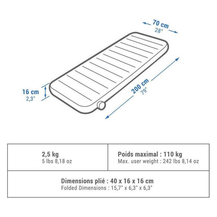 Decathlon inflatable camping mattress 70cm, imported from the UK