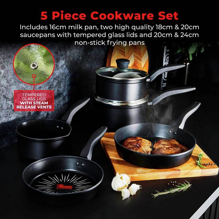 Tower 5-piece aluminium pan set with SmartStart indicator, imported from the UK