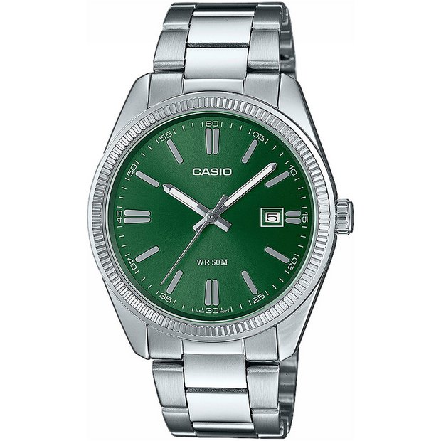 Casio analogue watch green dial stainless steel bracelet, UK version