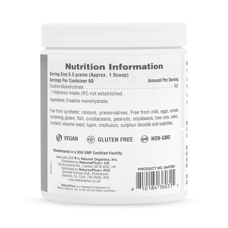 NaturesPlus Creatine Monohydrate powder supplement, imported from the UK