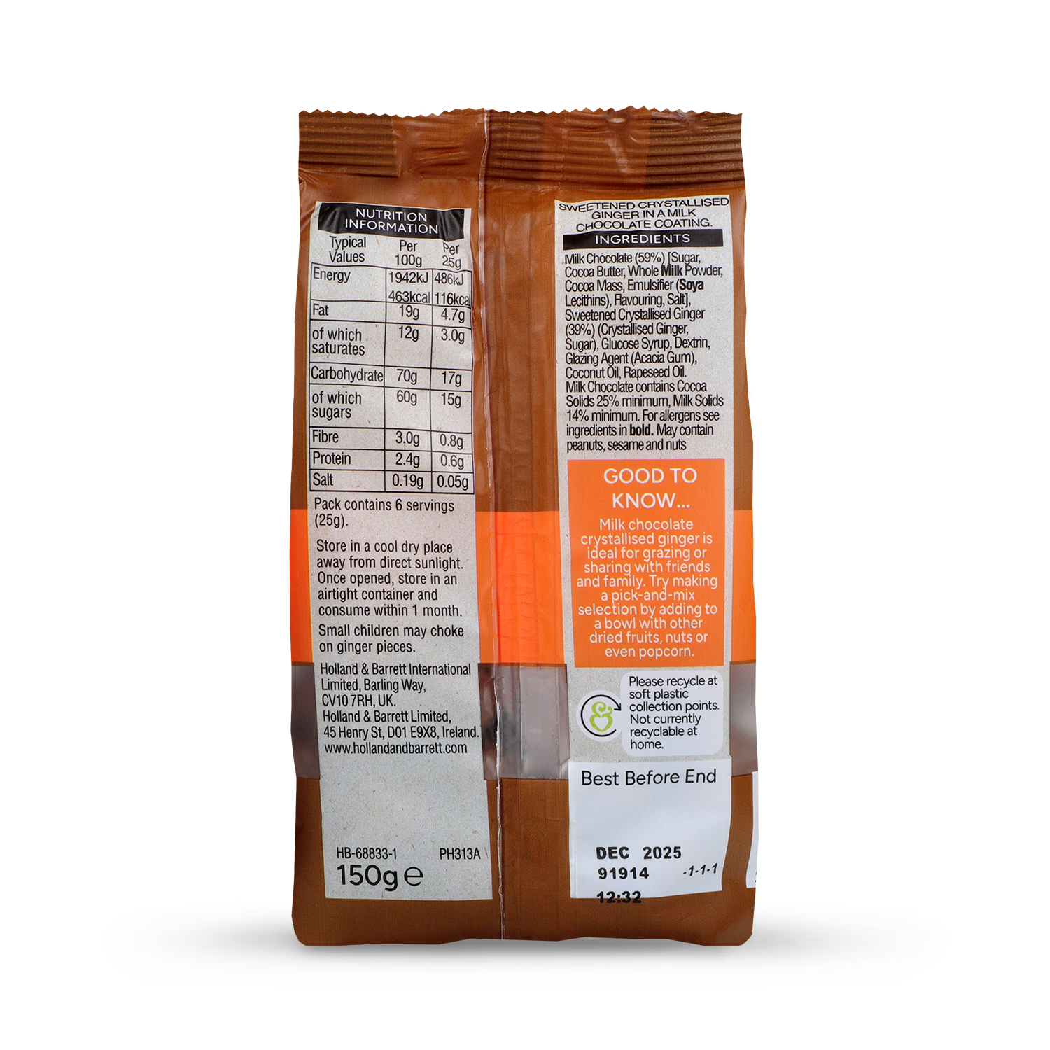 Holland & Barrett Milk Chocolate Crystallised Ginger 150g, UK version