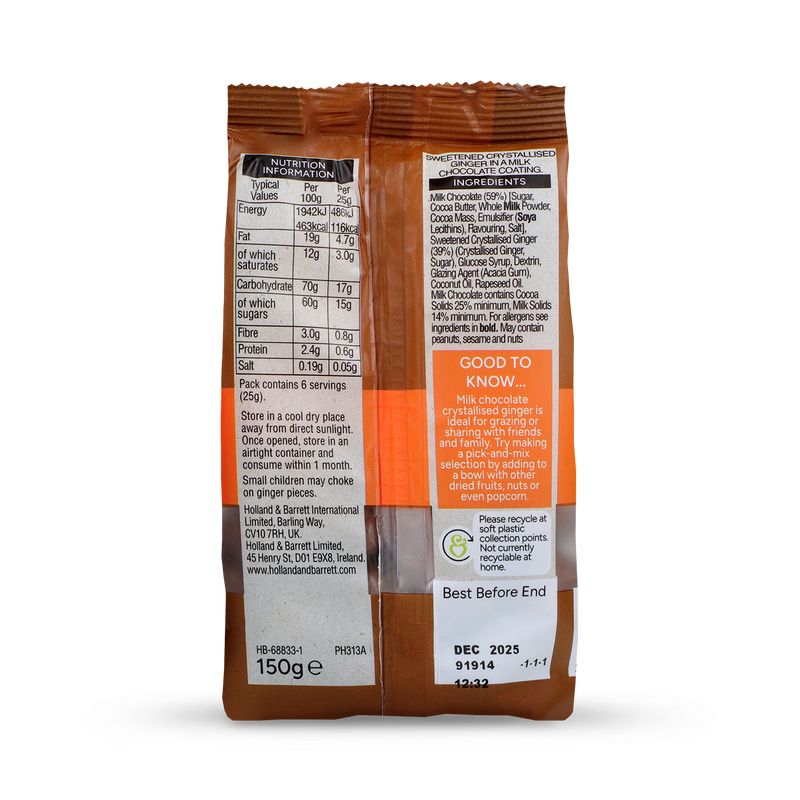 Holland & Barrett Milk Chocolate Crystallised Ginger 150g, UK version