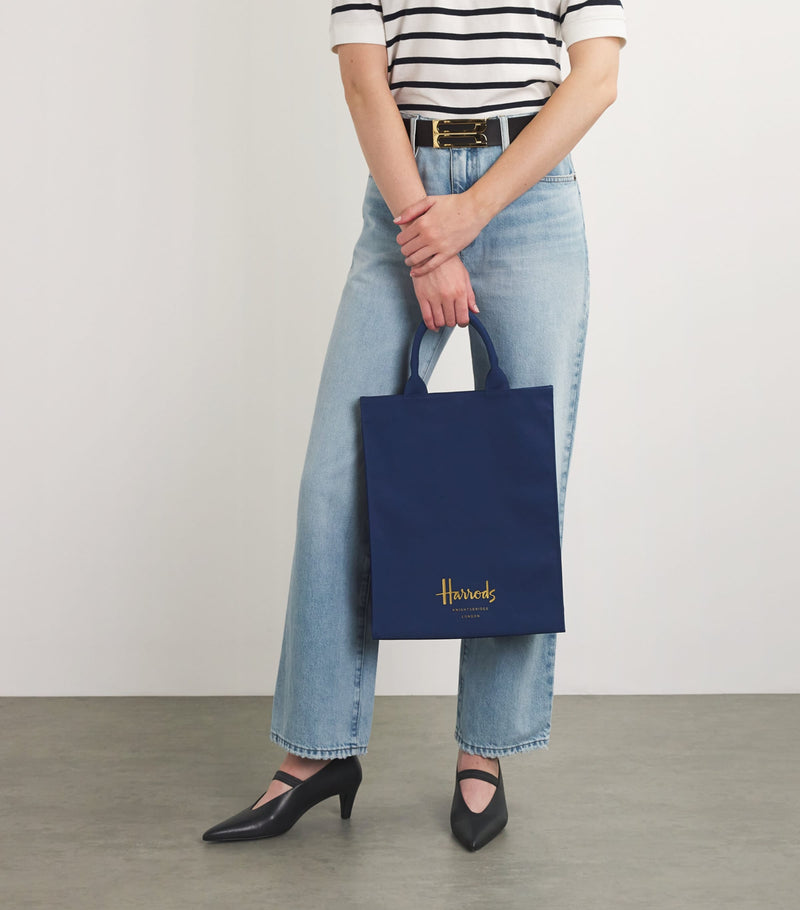 Harrods tote-veske i bomull med logo, medium, britisk versjon