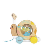 Janod Pure pull-along snail toy with xylophone and tambourine, UK version