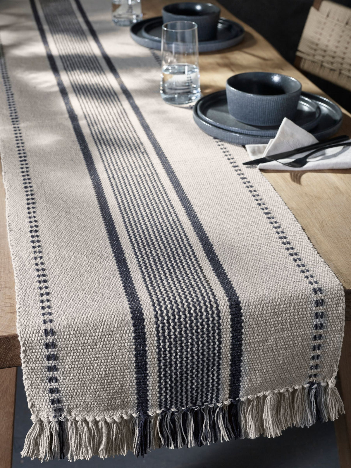 Natural woven cotton table runner black pattern 220x40cm (British brand)