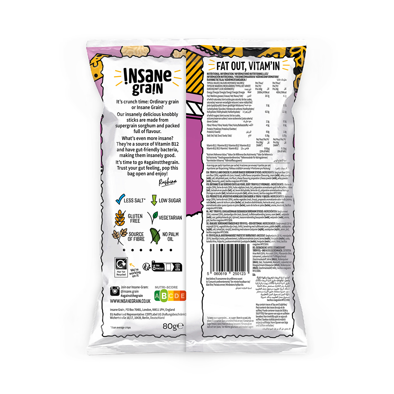 Insane Grain Truffle Cheese Baked Knobbly Sticks 80g, UK version