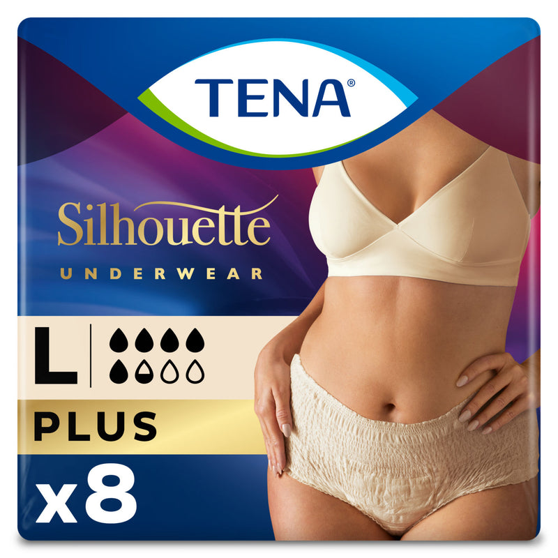 Tena Silhouette Cream L Incontinence Pants 8 Pack, imported from the UK