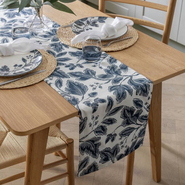 Habitat floral reversible cotton table runner navy, UK version