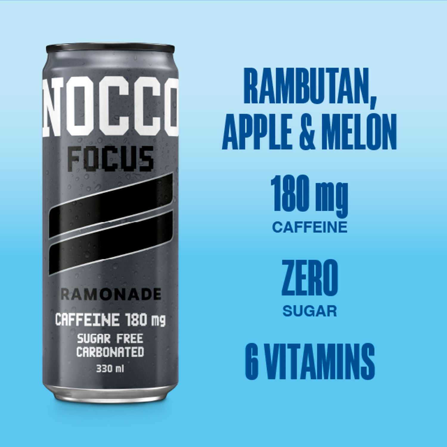 Nocco energy drink Focus Ramonade 330ml, imported from the UK