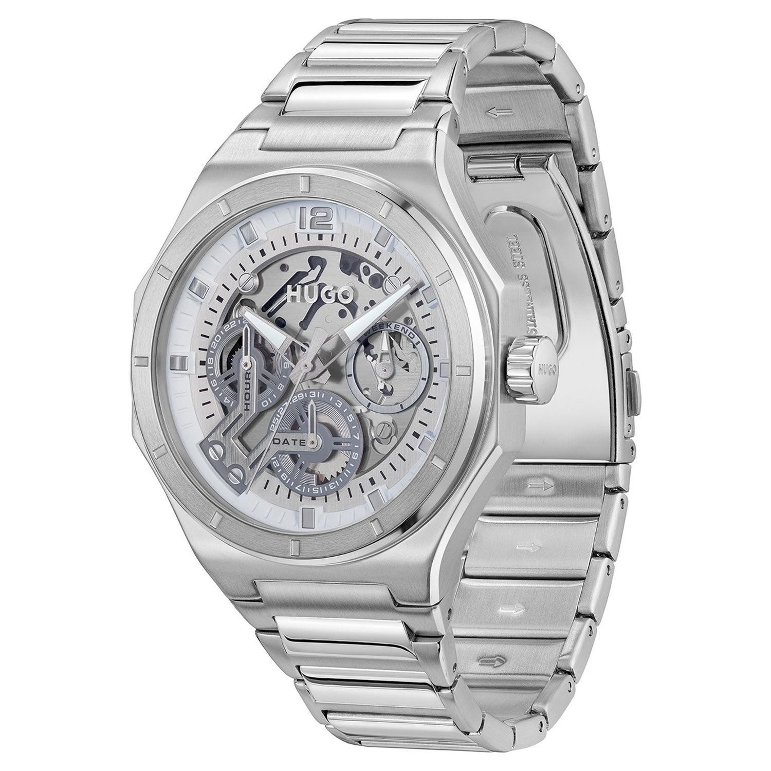 HUGO Grail Skeleton watch silver dial stainless steel bracelet - British product