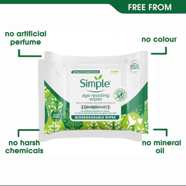 Simple Age Resisting Biodegradable Facial Wipes 20 Pack (British brand)