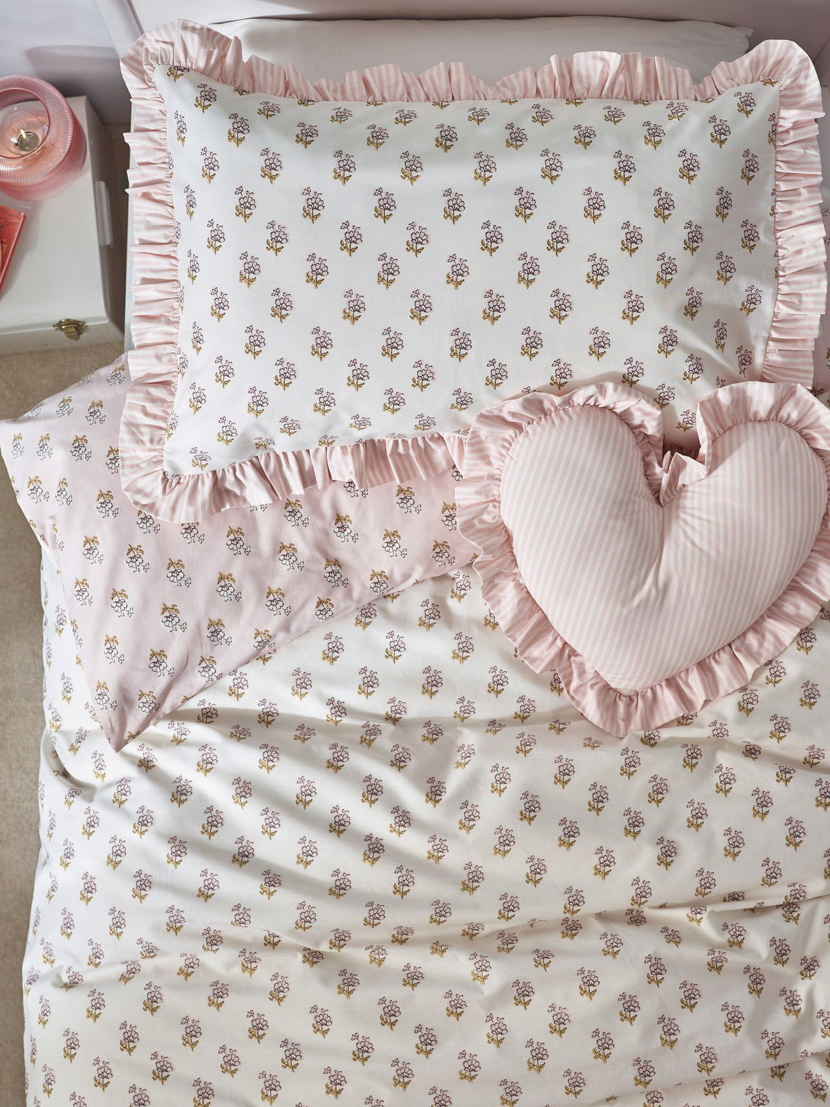 Pink Block Floral Printed Polycotton Duvet Cover and Pillowcase Bedding