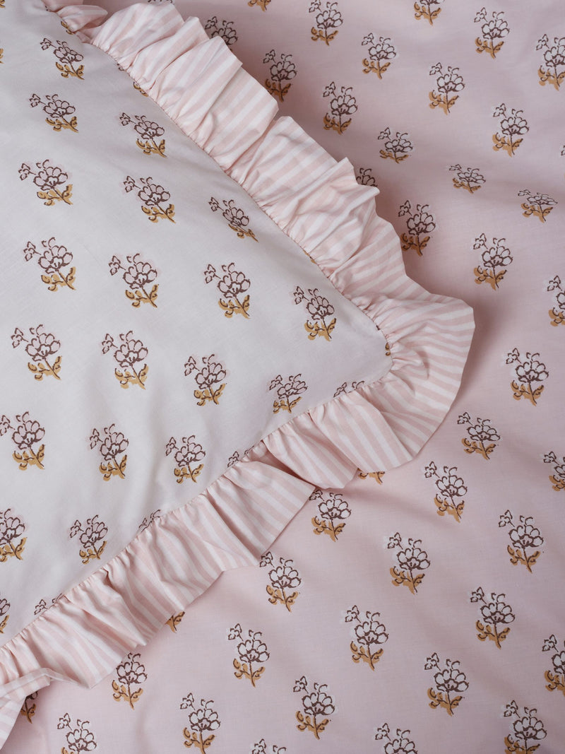 Pink Block Floral Polycotton Duvet Cover and Pillowcase, imported from the UK