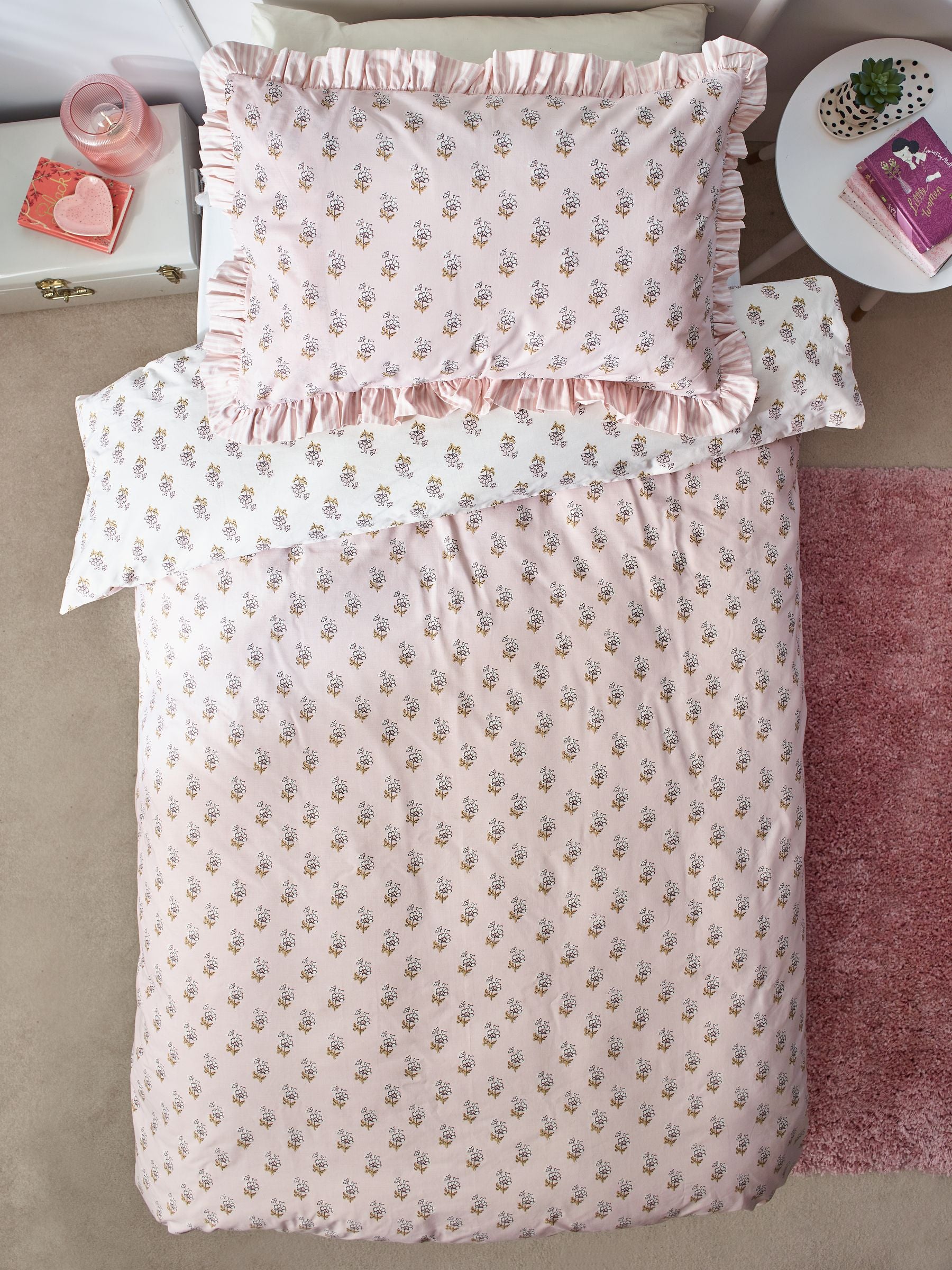 Pink Block Floral Polycotton Duvet Cover and Pillowcase, imported from the UK