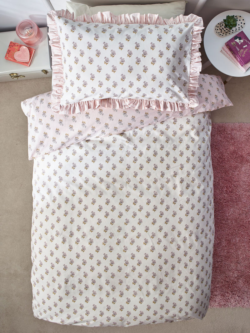 Pink Block Floral Polycotton Duvet Cover and Pillowcase, imported from the UK