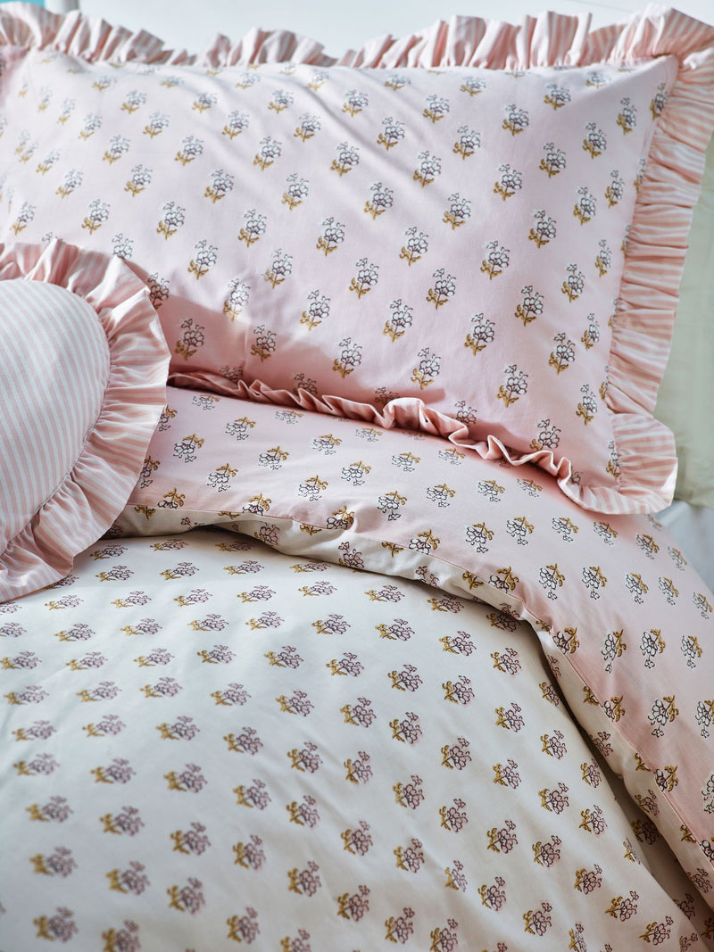 Pink Block Floral Polycotton Duvet Cover and Pillowcase, imported from the UK
