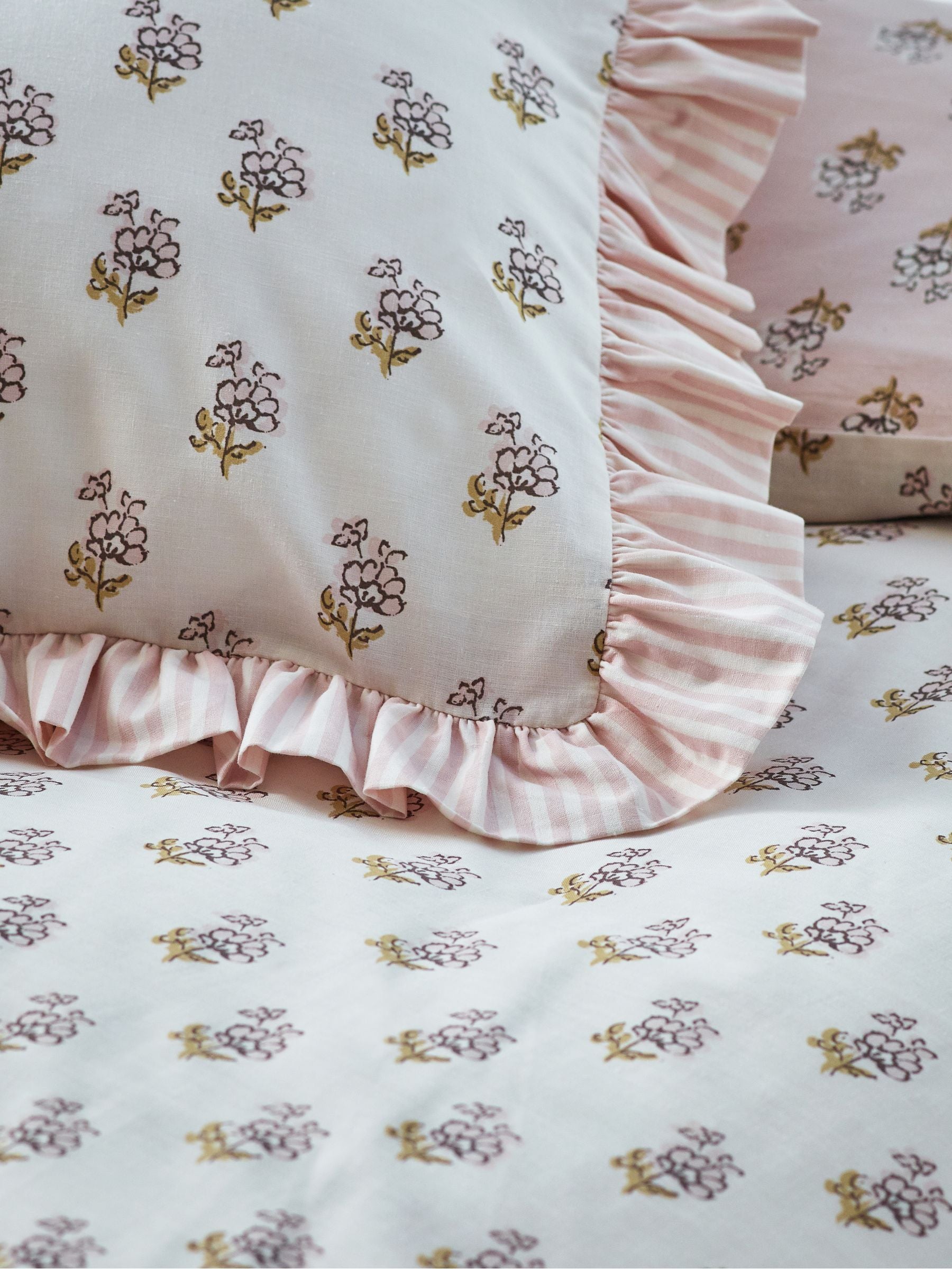 Pink Block Floral Polycotton Duvet Cover and Pillowcase, imported from the UK