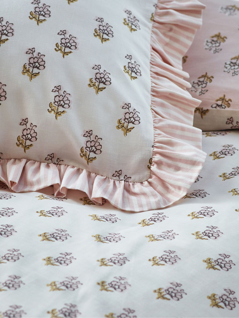 Pink Block Floral Polycotton Duvet Cover and Pillowcase, imported from the UK