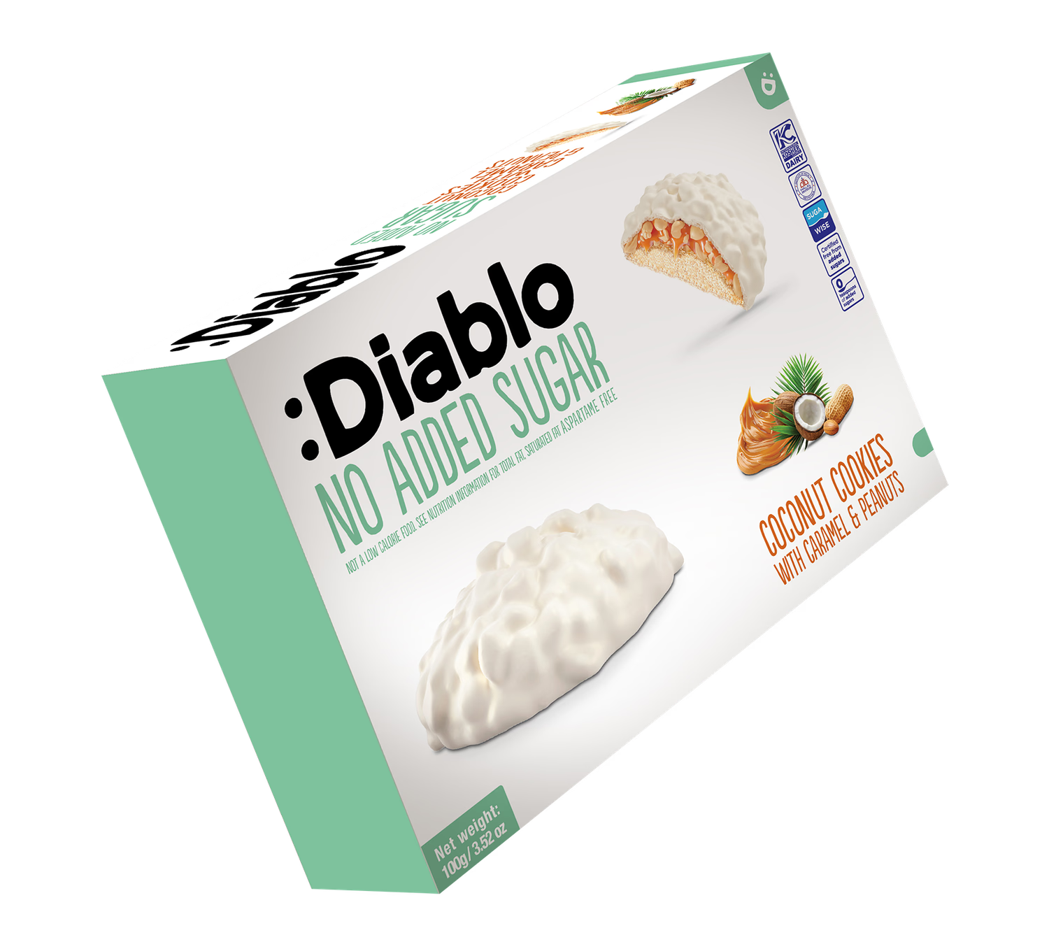 Diablo no added sugar coconut cookies with caramel and peanut (British brand)