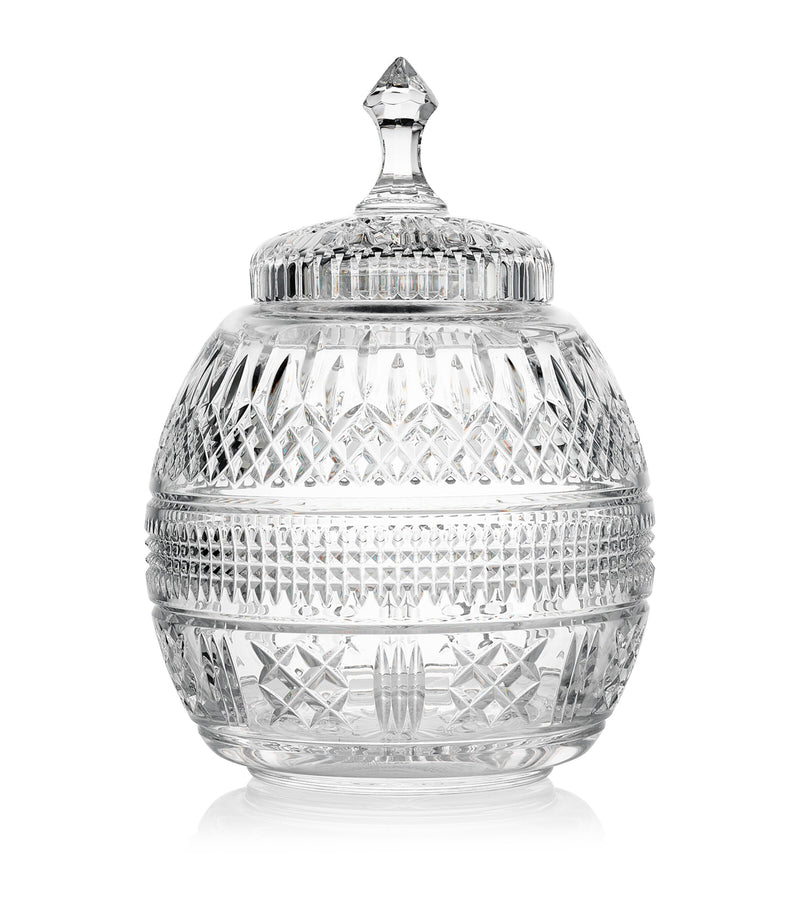 Waterford Crystal Mastercraft cookie jar with intricate pattern, 33.5cm height (British brand)