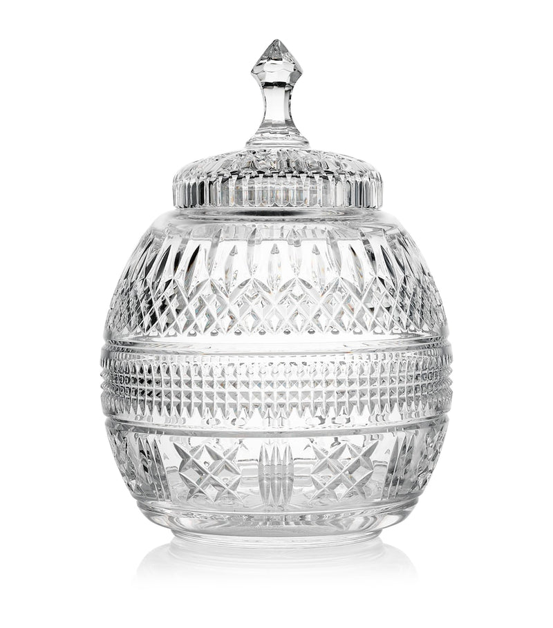 Waterford Crystal Mastercraft cookie jar with intricate pattern, 33.5cm height (British brand)