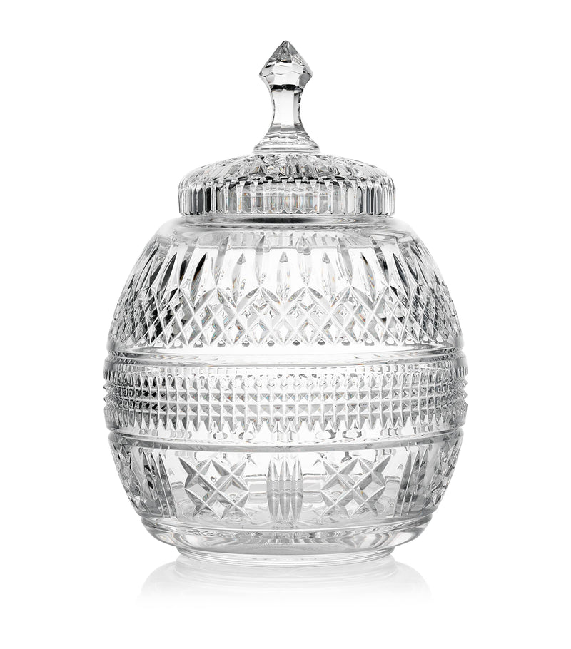 Waterford Crystal Mastercraft cookie jar with intricate pattern, 33.5cm height (British brand)