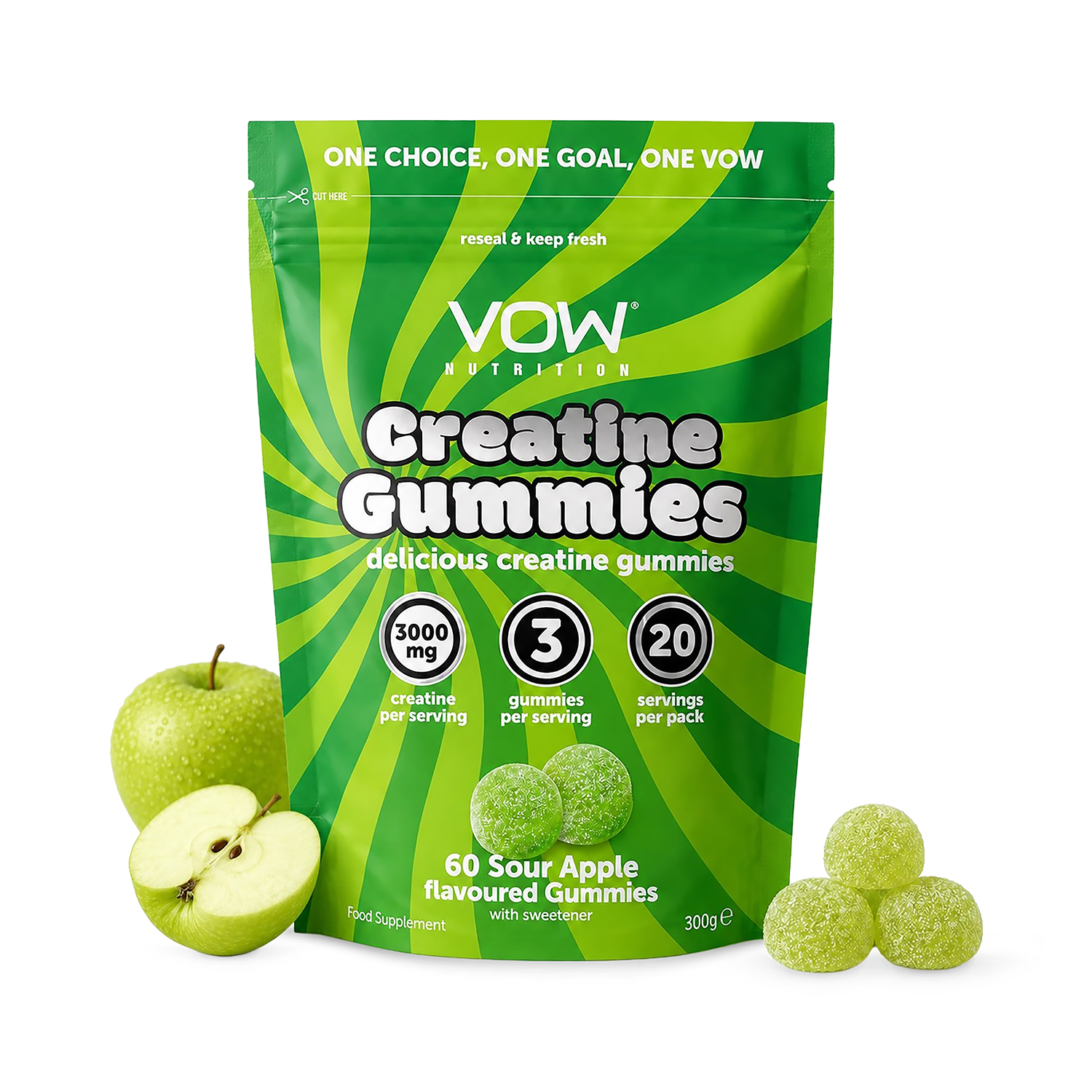 VOW Nutrition Creatine Gummies Sour Apple 60 Gummies, UK version