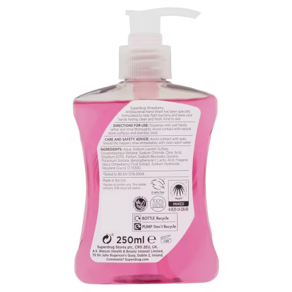 Superdrug Strawberry antibacterial handwash 250ml (British brand)