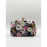 SVNX black floral applique clutch bag with beaded flowers (British brand)