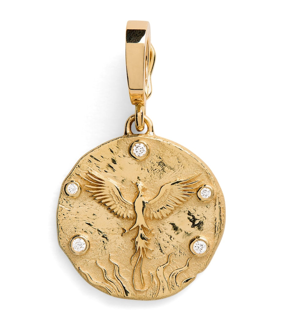 Azlee phoenix coin charm in 18k yellow gold with diamonds, UK version