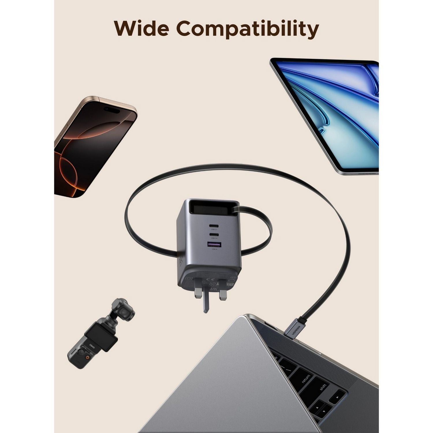 UGREEN Nexode Pro 100W charger with retractable USB-C cable, UK version