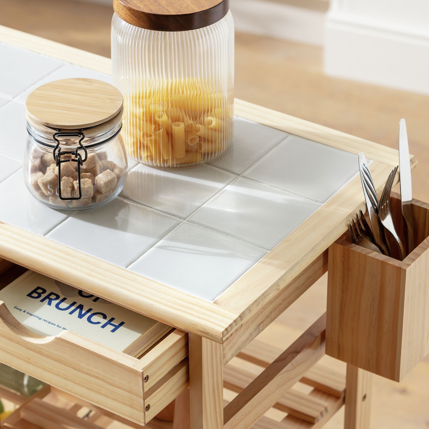 Argos Home pine tile top kitchen trolley (British brand)