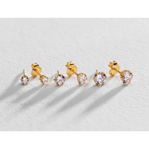 Revere gold plated stud earrings set of 3 pairs, imported from the UK