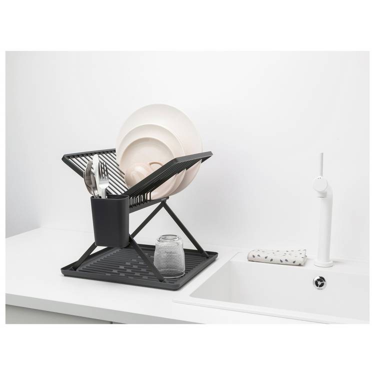 Brabantia foldable plastic dish rack dark grey with drip tray, UK version