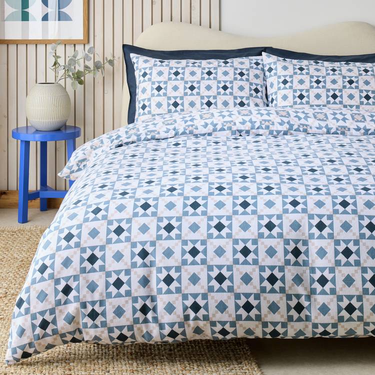 Habitat brushed cotton tile print blue bedding set single (British brand)