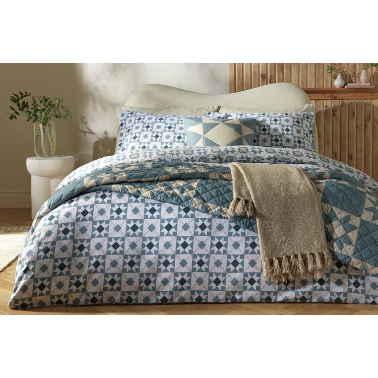 Habitat brushed cotton tile print blue bedding set single (British brand)