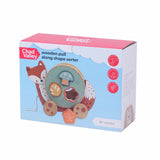 Chad Valley wooden pull along toy with shape sorting blocks, UK version