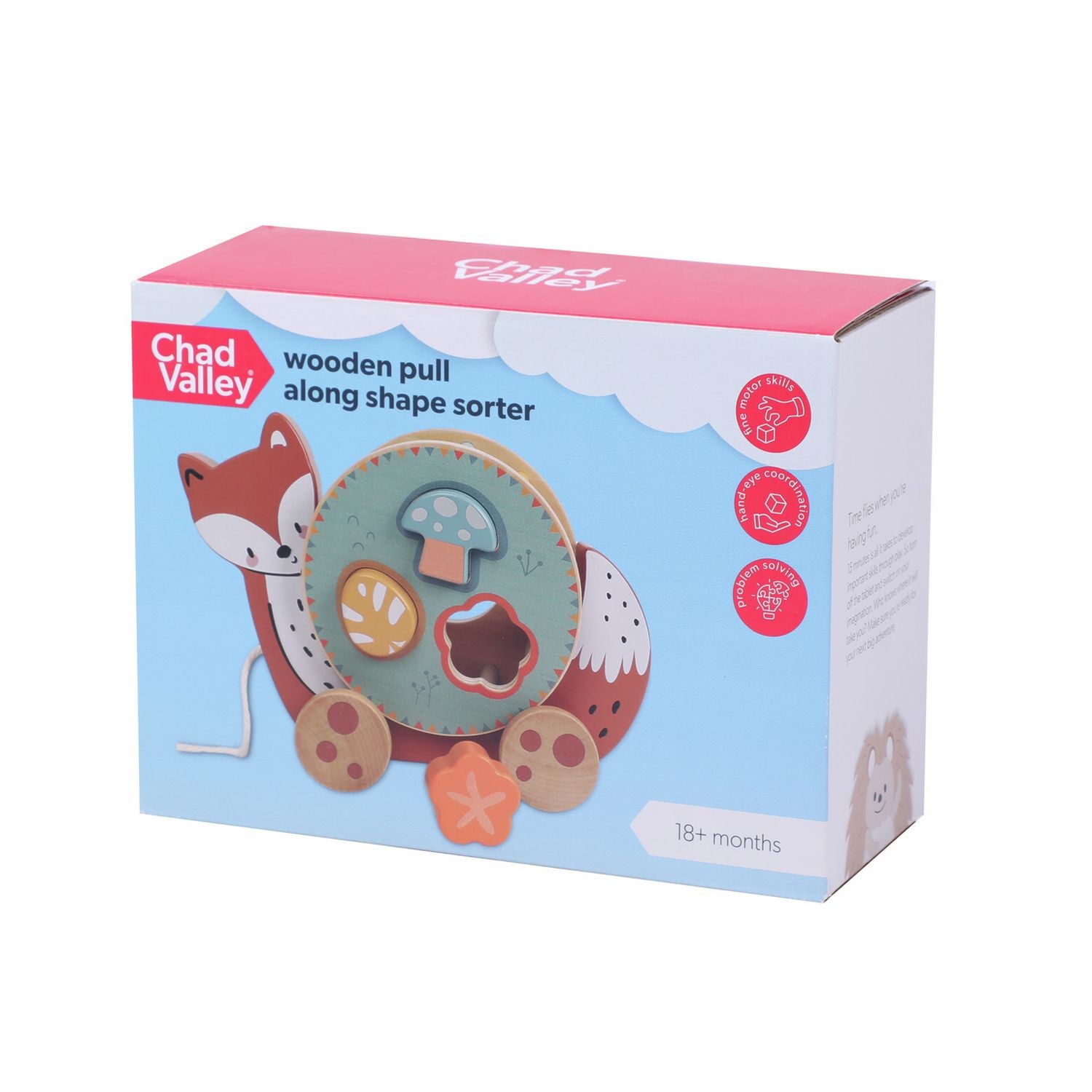 Chad Valley wooden pull along toy with shape sorting blocks, UK version