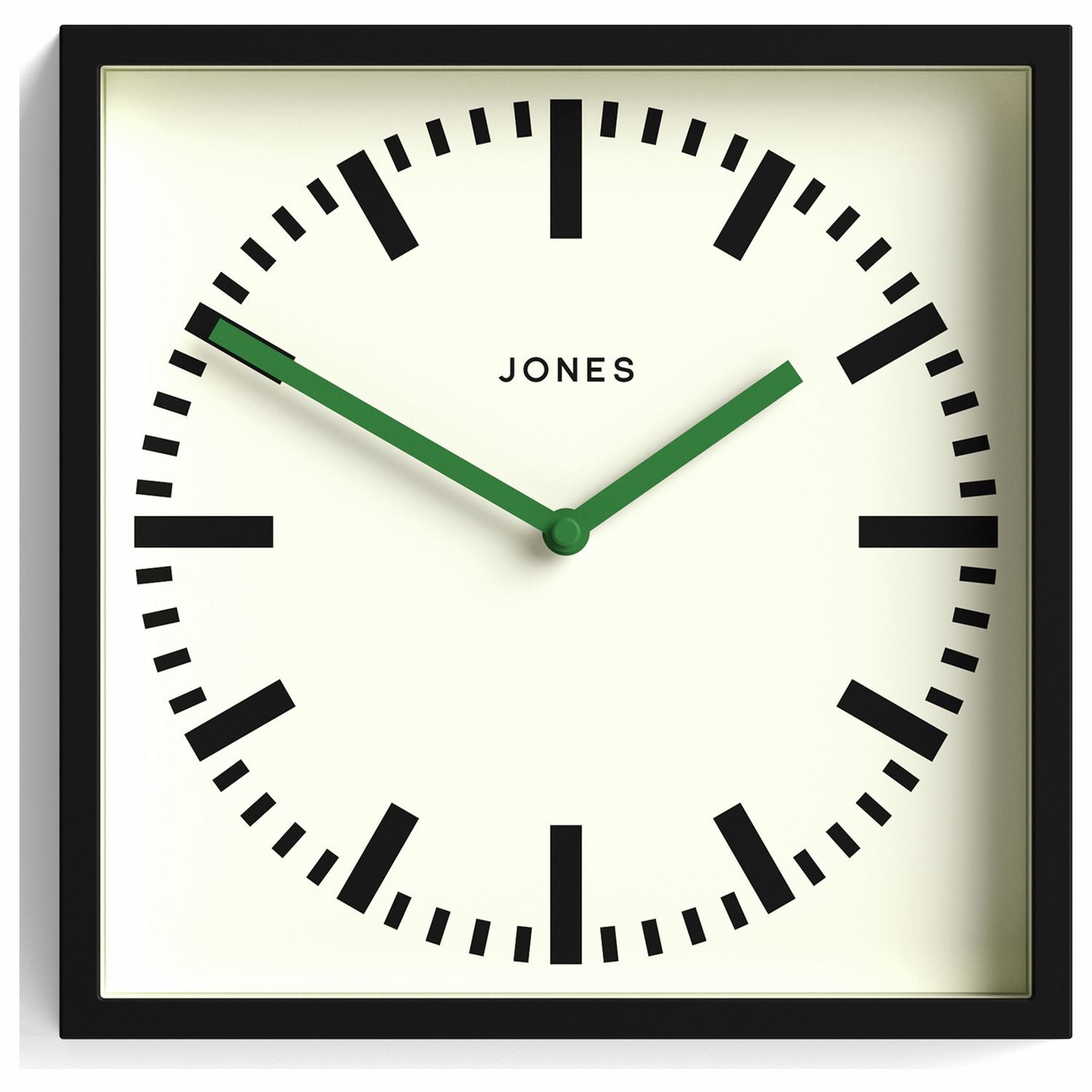 Jones Clocks square wall clock black railway dial 25cm (British brand)