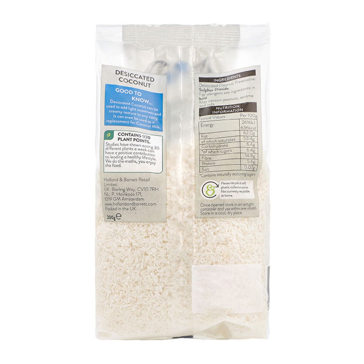 Holland & Barrett desiccated coconut 200g, UK version
