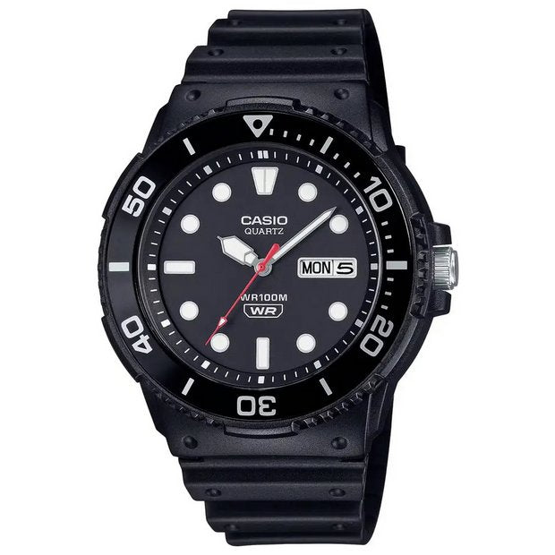Casio analogue watch black dial resin strap rotating bezel (British brand)
