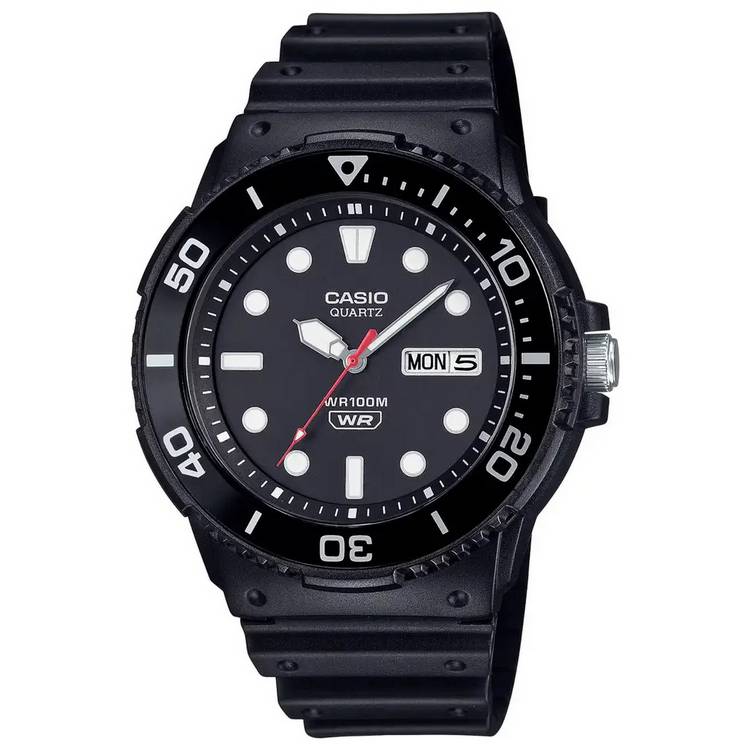 Casio analogue watch black dial resin strap rotating bezel (British brand)