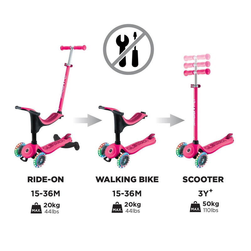 Globber Go Up Sporty Lights 360 deep pink scooter, imported from the UK