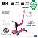 Globber Go Up Sporty Lights 360 deep pink scooter, imported from the UK