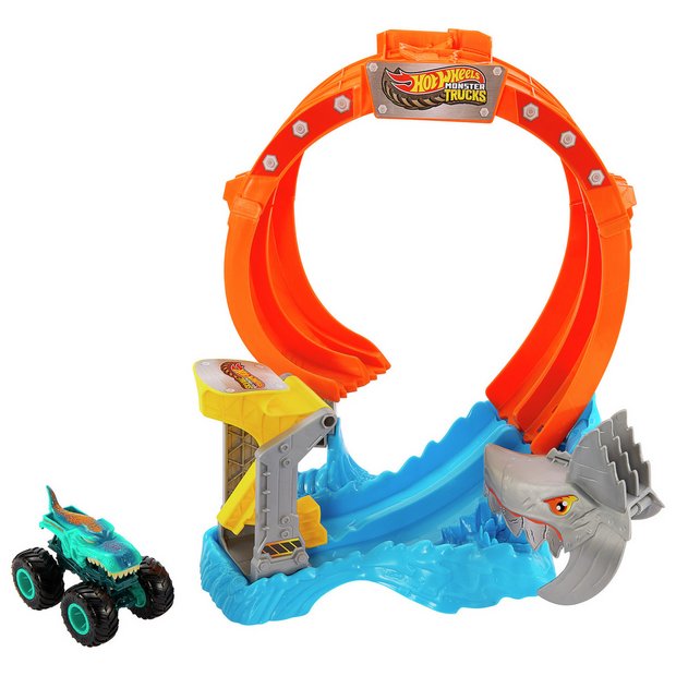 Hot Wheels Monster Trucks Corkscrew Shark Smash track set, UK version