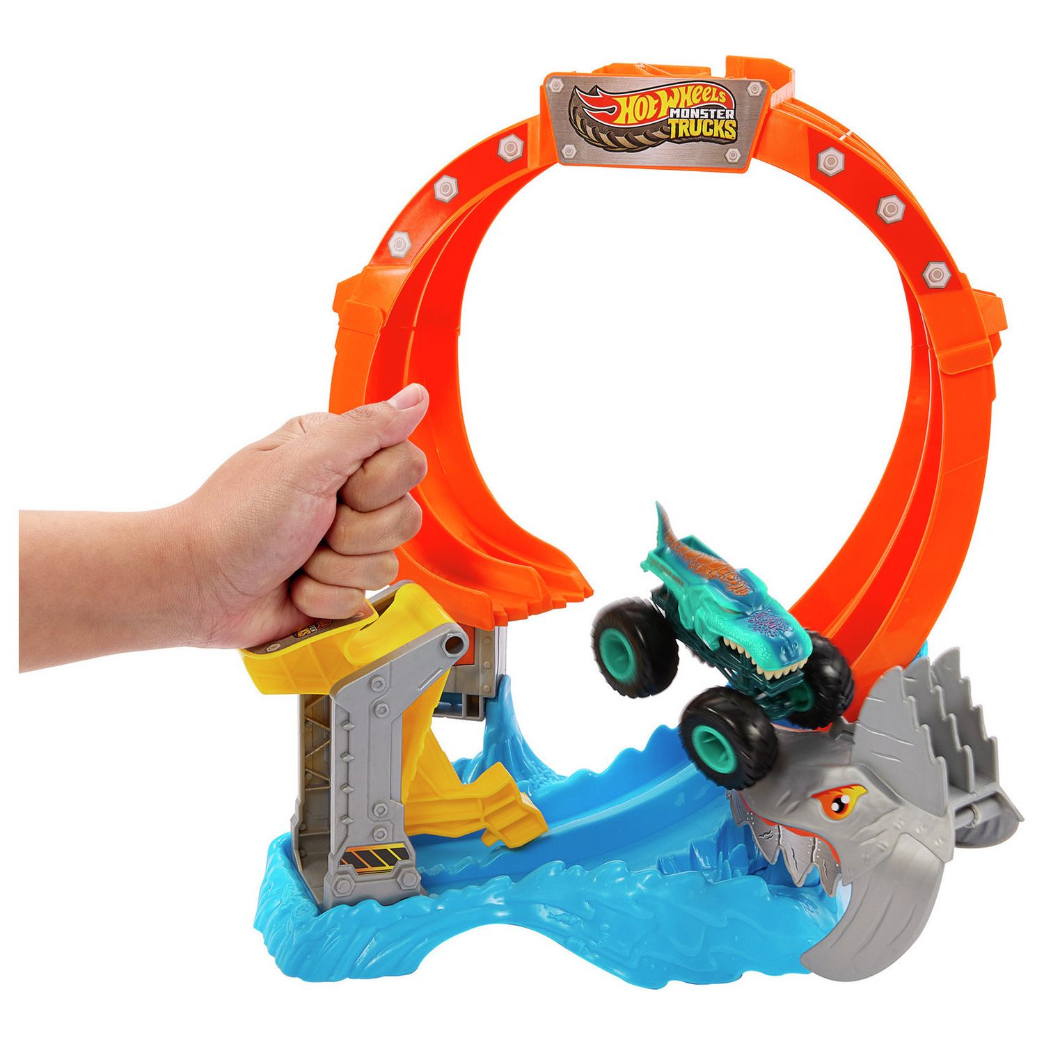 Hot Wheels Monster Trucks Corkscrew Shark Smash track set, UK version