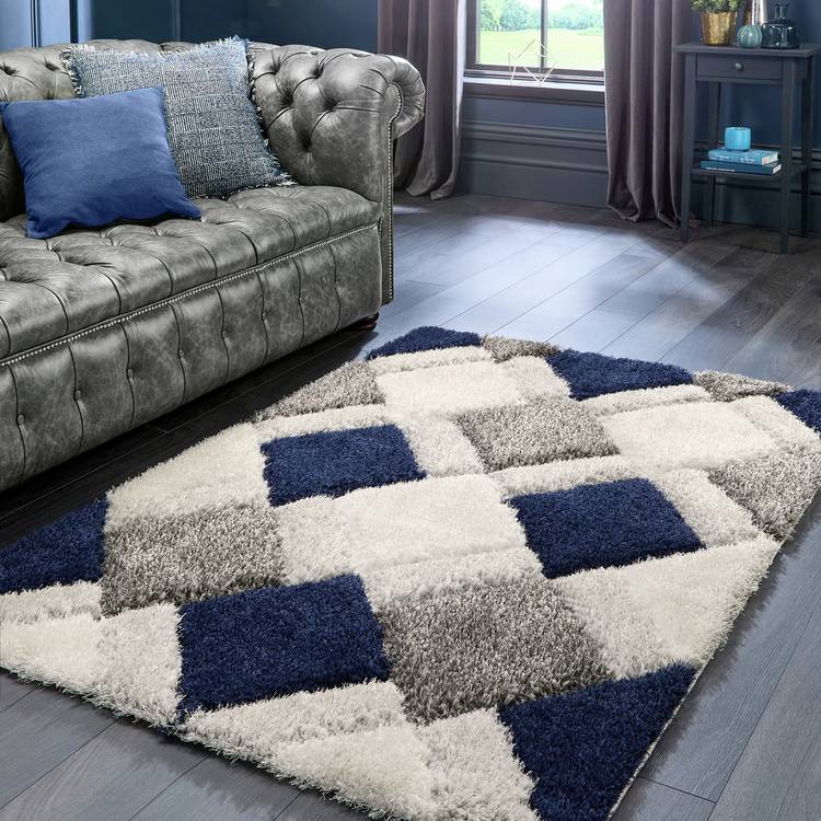 Origins 3D geometric navy shaggy rug 120x170cm, imported from the UK